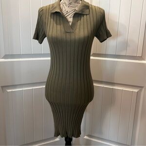 Sweater Dress Midi Collared Neck Ribbed Form Fitting Bodycon Hippie Rose Size M